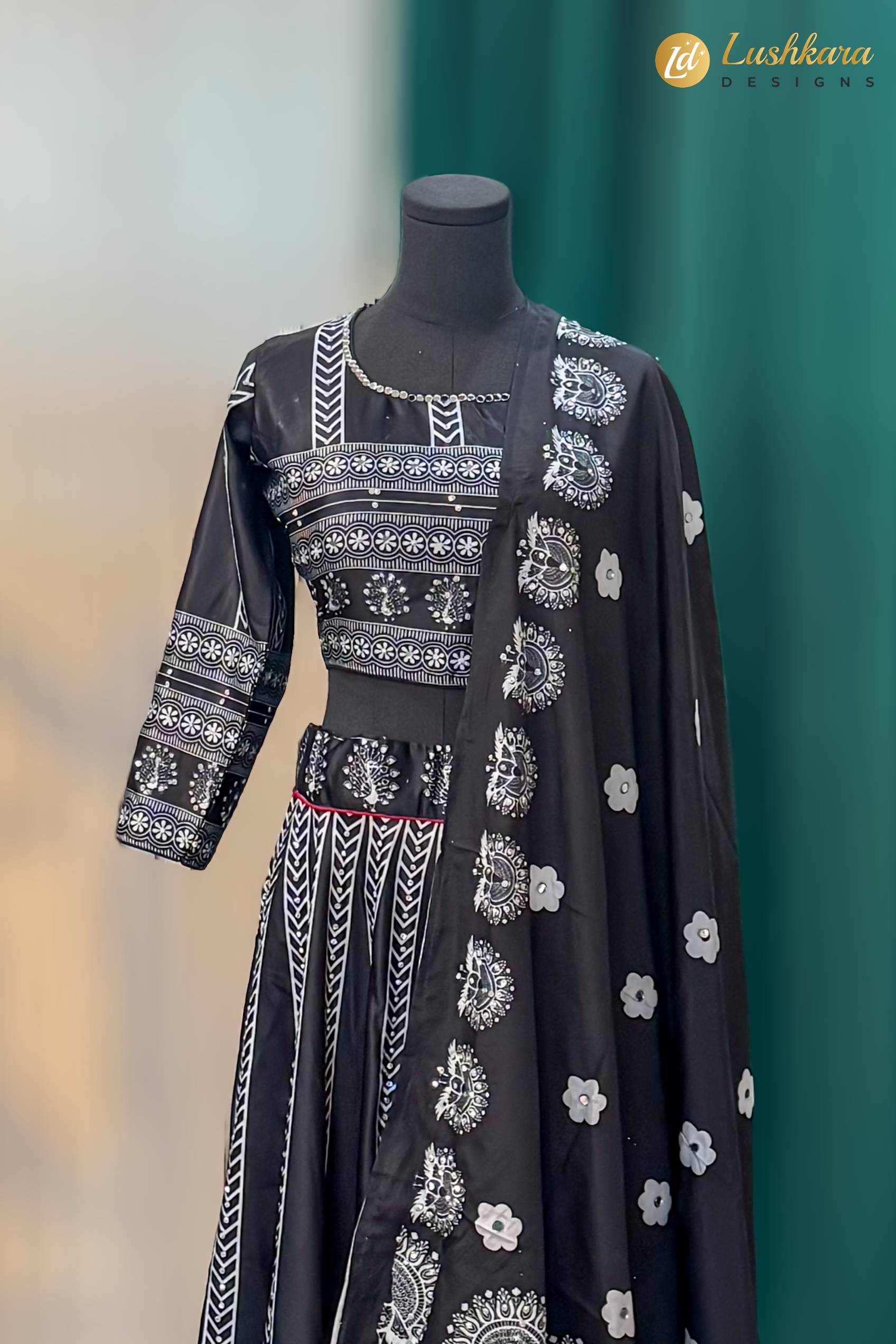 Navy Blue Ajrakh Printed Lehenga Set with Blouse and Dupatta