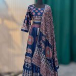 Navy Blue Ajrakh Printed Lehenga Set with Blouse and Dupatta