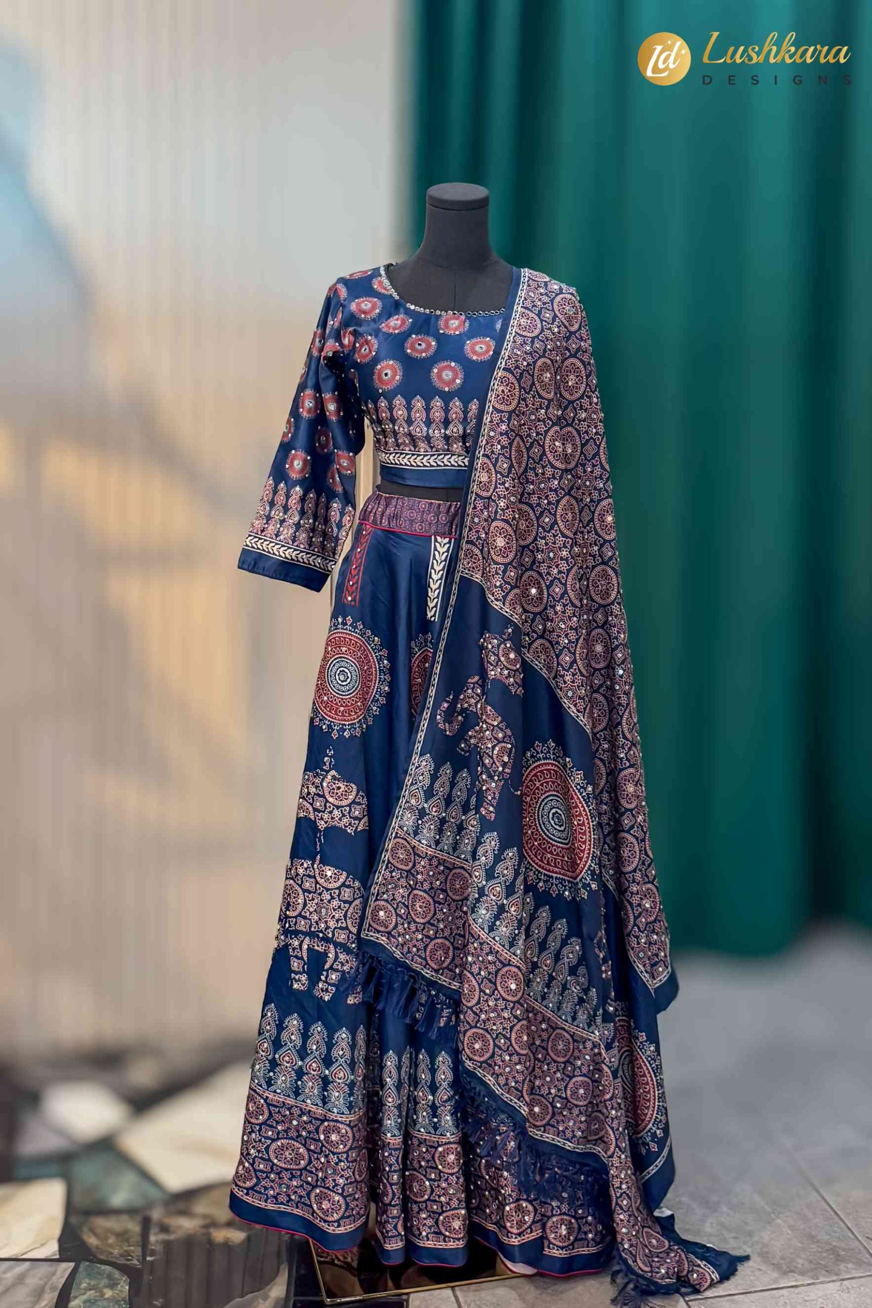 Navy Blue Ajrakh Printed Lehenga Set with Blouse and Dupatta