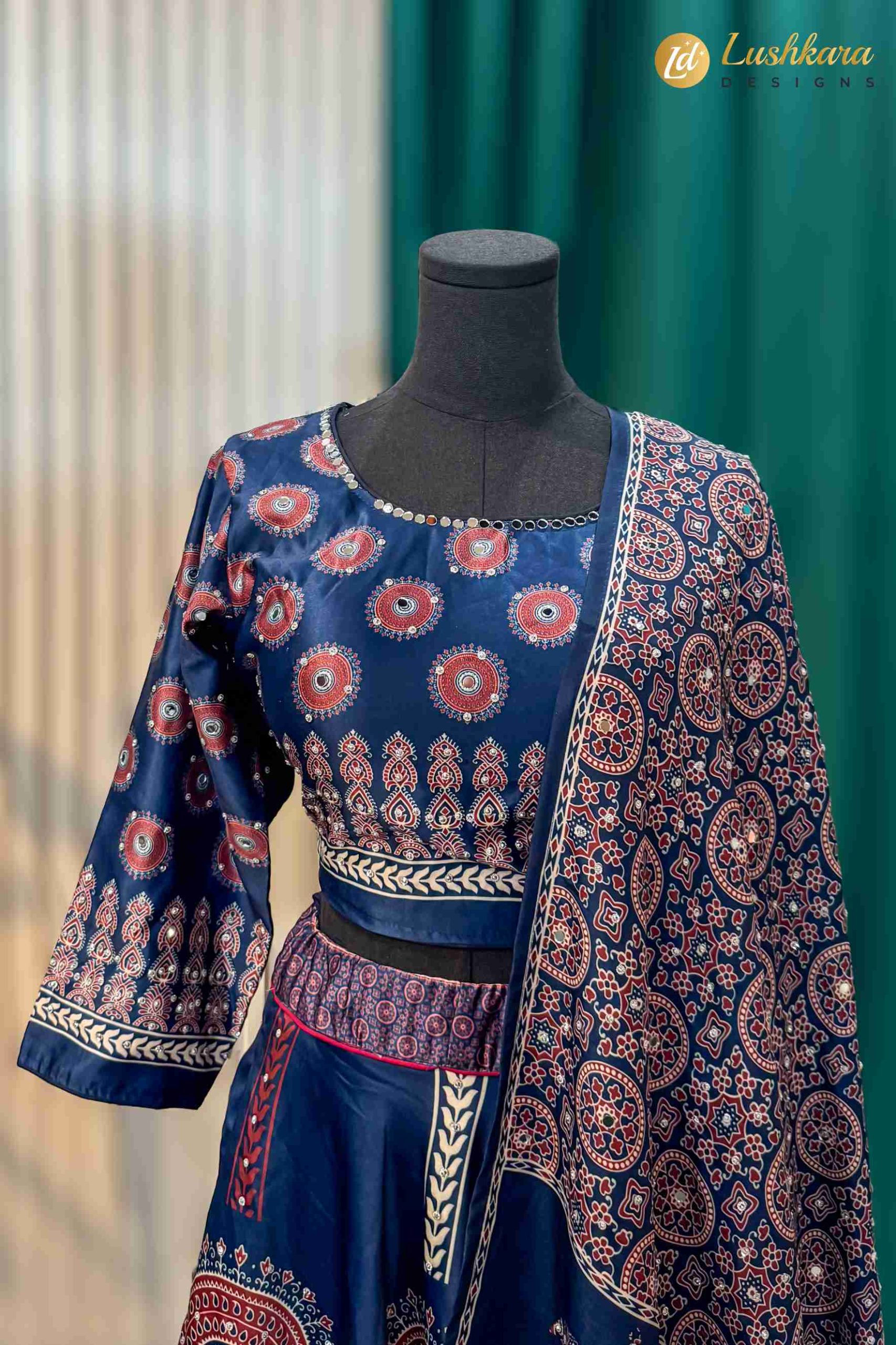 Navy Blue Ajrakh Printed Lehenga Set with Blouse and Dupatta