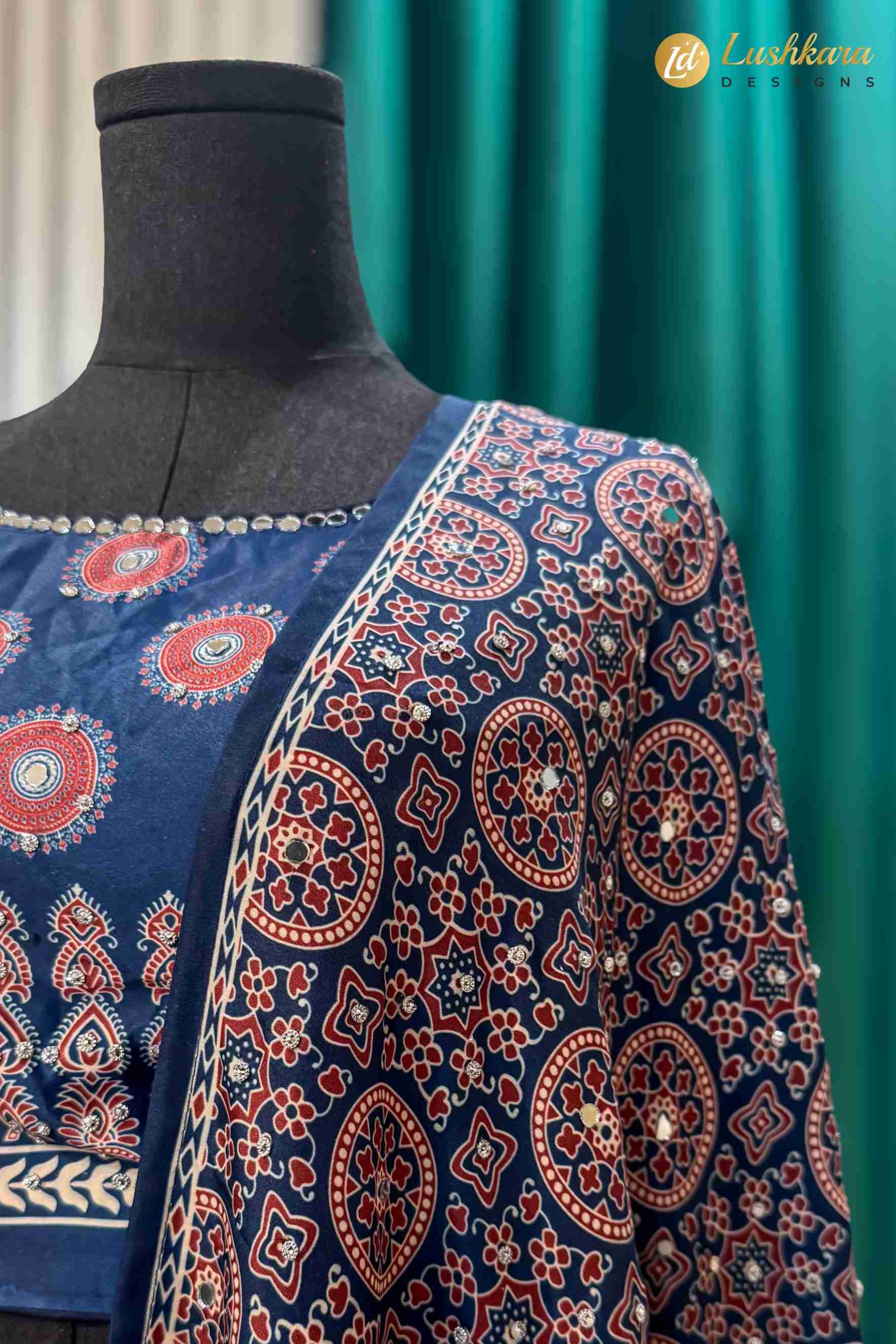 Navy Blue Ajrakh Printed Lehenga Set with Blouse and Dupatta