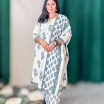Ivory White Blue Floral Printed Kurta Pant Set