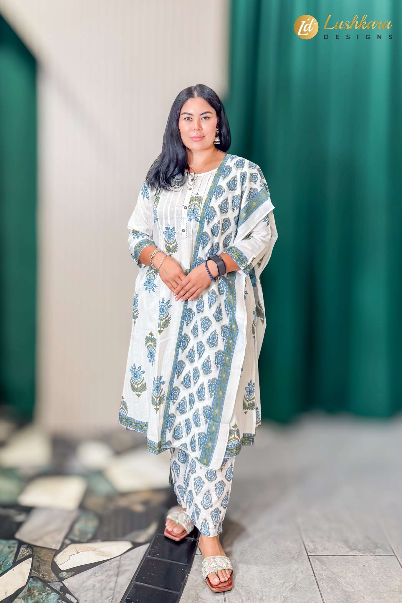 Ivory White Blue Floral Printed Kurta Pant Set with Dupatta