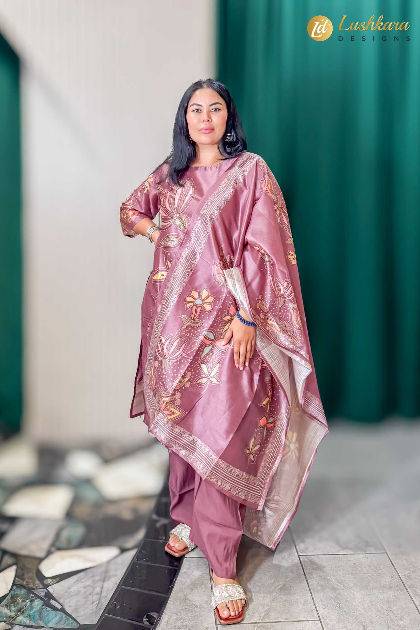 Dusty Rose Pink Floral Printed Kurta Pant Set with Dupatta