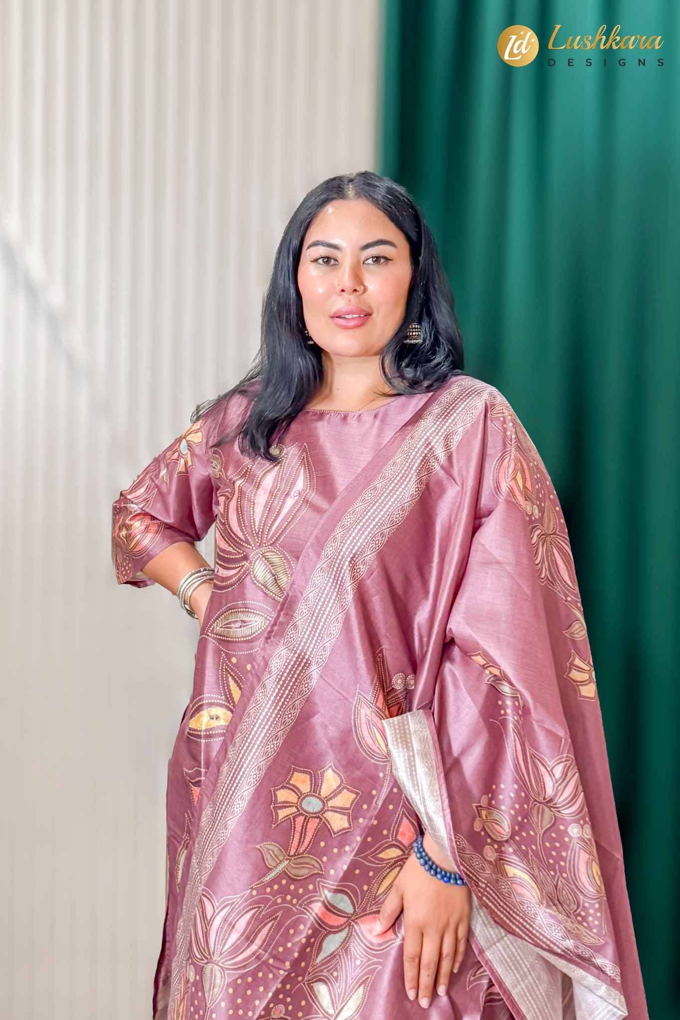 Dusty Rose Pink Floral Printed Kurta Pant Set with Dupatta
