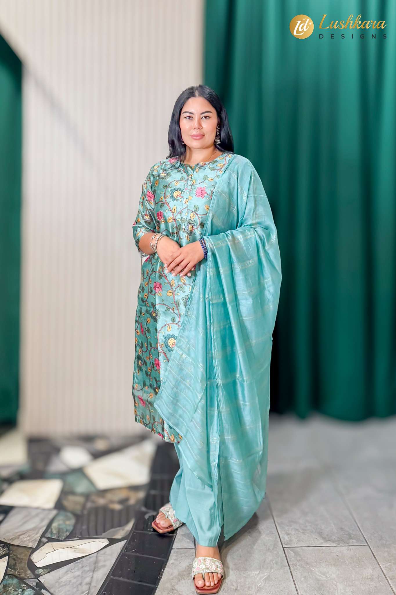 Aqua Blue Floral Printed Kurta Set with Dupatta for Women