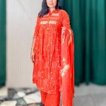 Coral Orange Printead Kurta Pant Set with Dupatta for Women
