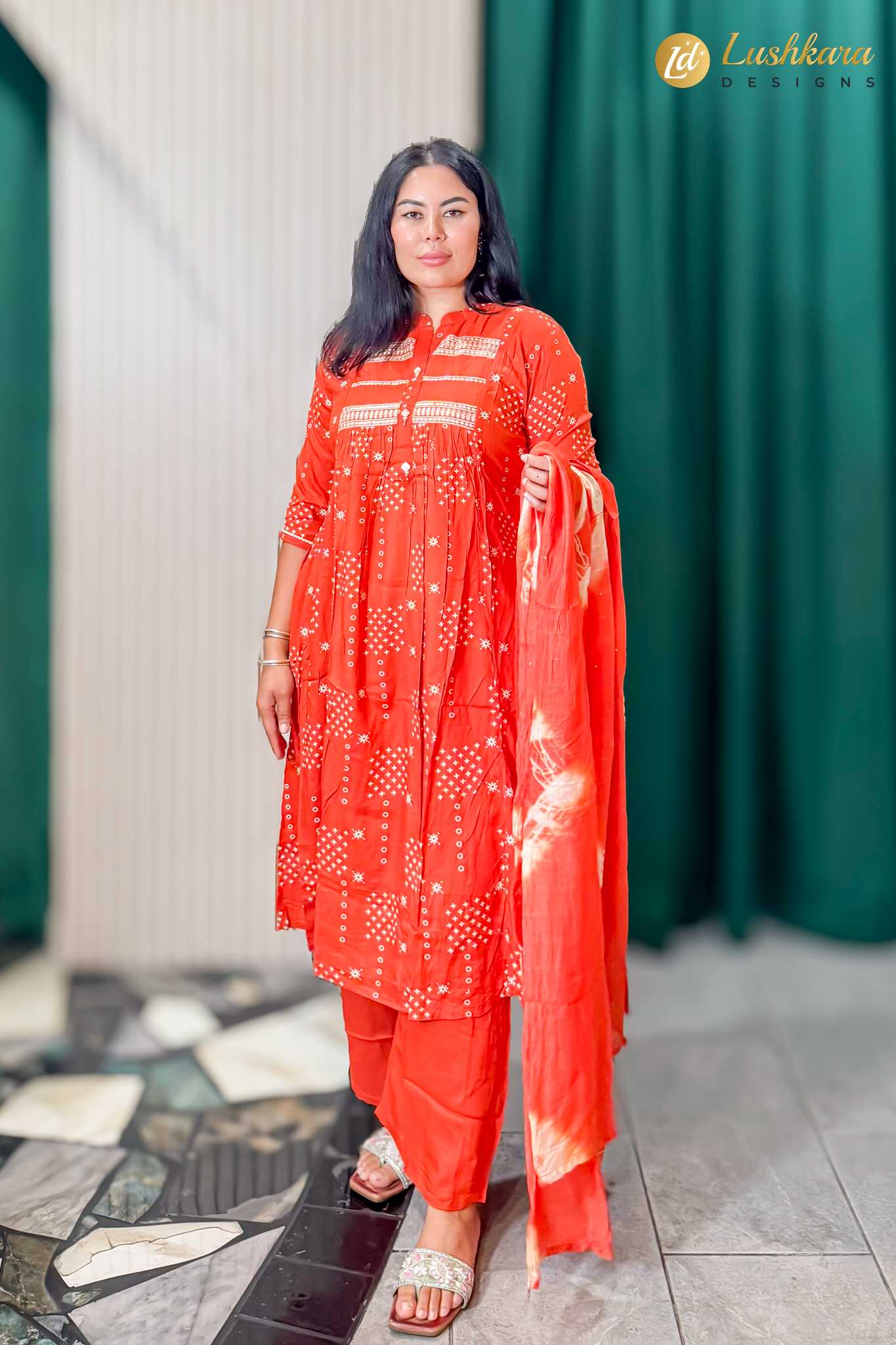 Coral Orange Printead Kurta Pant Set with Dupatta for Women