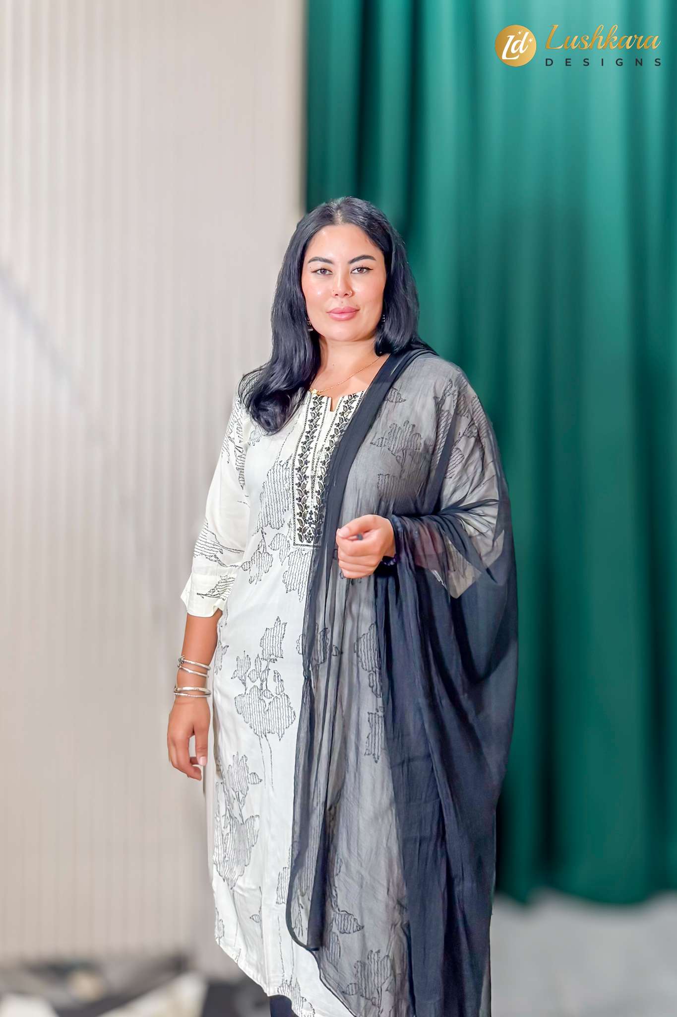 Ivory White Black Floral Printed Kurta Set with Dupatta for Women